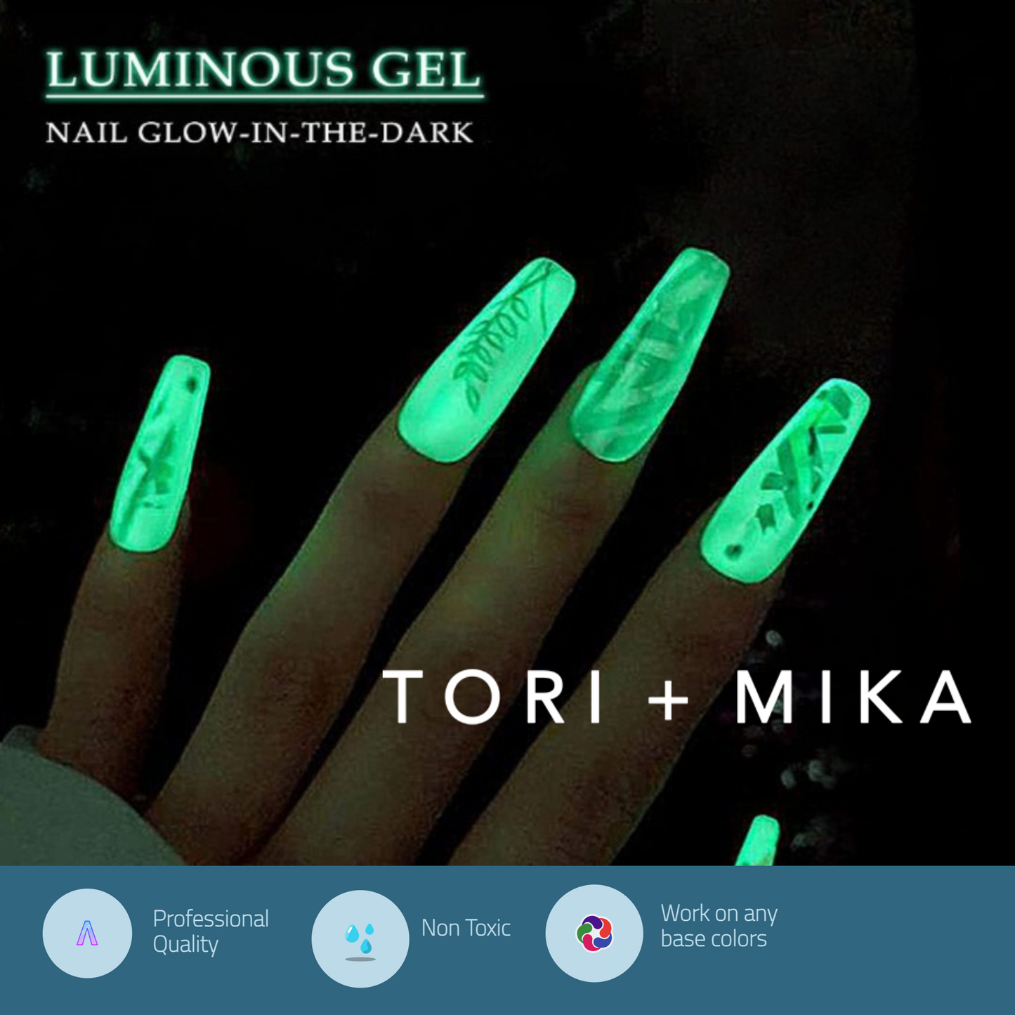 Tori Mika Base Coat Top Coat Gel Polish Soak Off No Wipe 0.5oz Nail Polish LED/UV Lamp Cure Work on Natural and Fake Acrylic Nails Fun Home Salon Professional Nail Art DIY Haloween (Glow in the Dark)