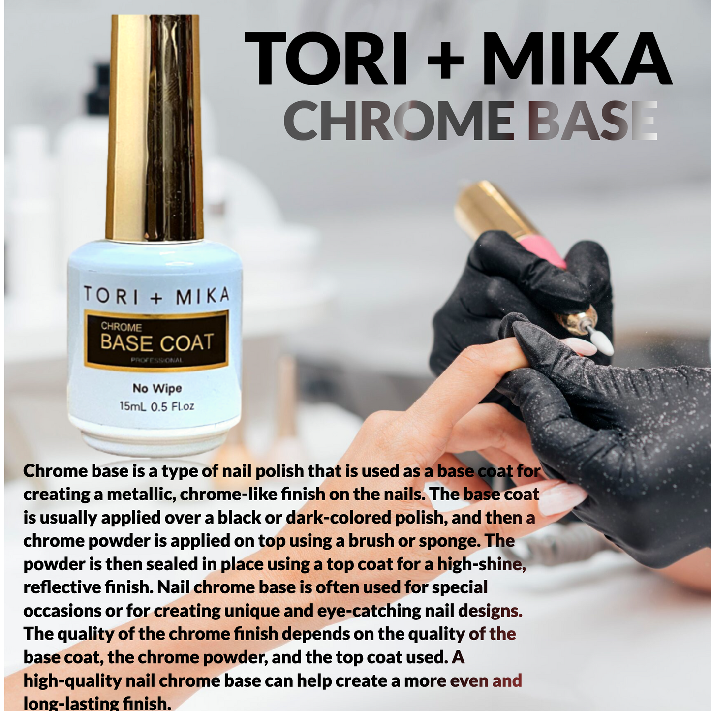 Tori + Mika Chrome Base Coat Gel Nail Polish Soak Off No Wipe 0.5oz Nail Polish LED/UV Lamp Cure Great work on Natural and Fake Acrylic Nails Fun Home Salon Professional Nail Art DIY Haloween