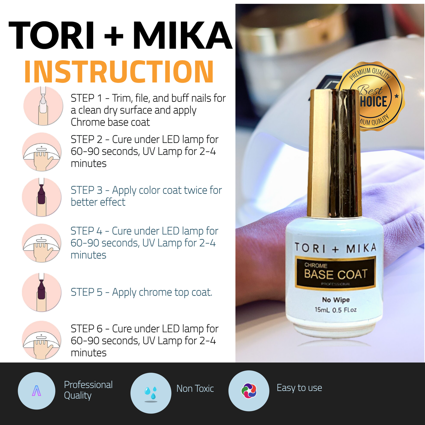 Tori + Mika Chrome Base Coat Gel Nail Polish Soak Off No Wipe 0.5oz Nail Polish LED/UV Lamp Cure Great work on Natural and Fake Acrylic Nails Fun Home Salon Professional Nail Art DIY Haloween