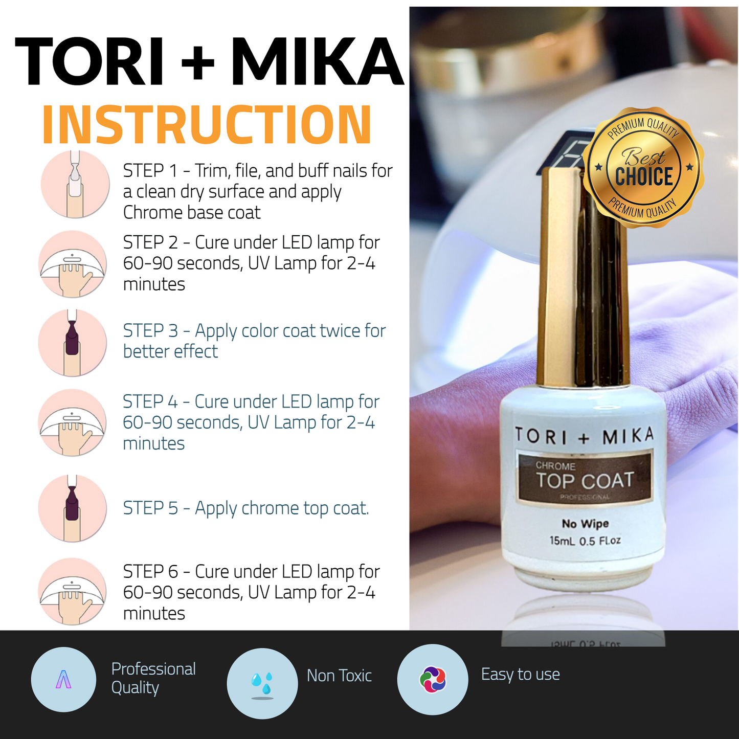 Tori + Mika Chrome Top Coat Gel Nail Polish Soak Off No Wipe 0.5oz Nail Polish LED/UV Lamp Cure Great work on Natural and Fake Acrylic Nails Fun Home Salon Professional Nail Art DIY Haloween