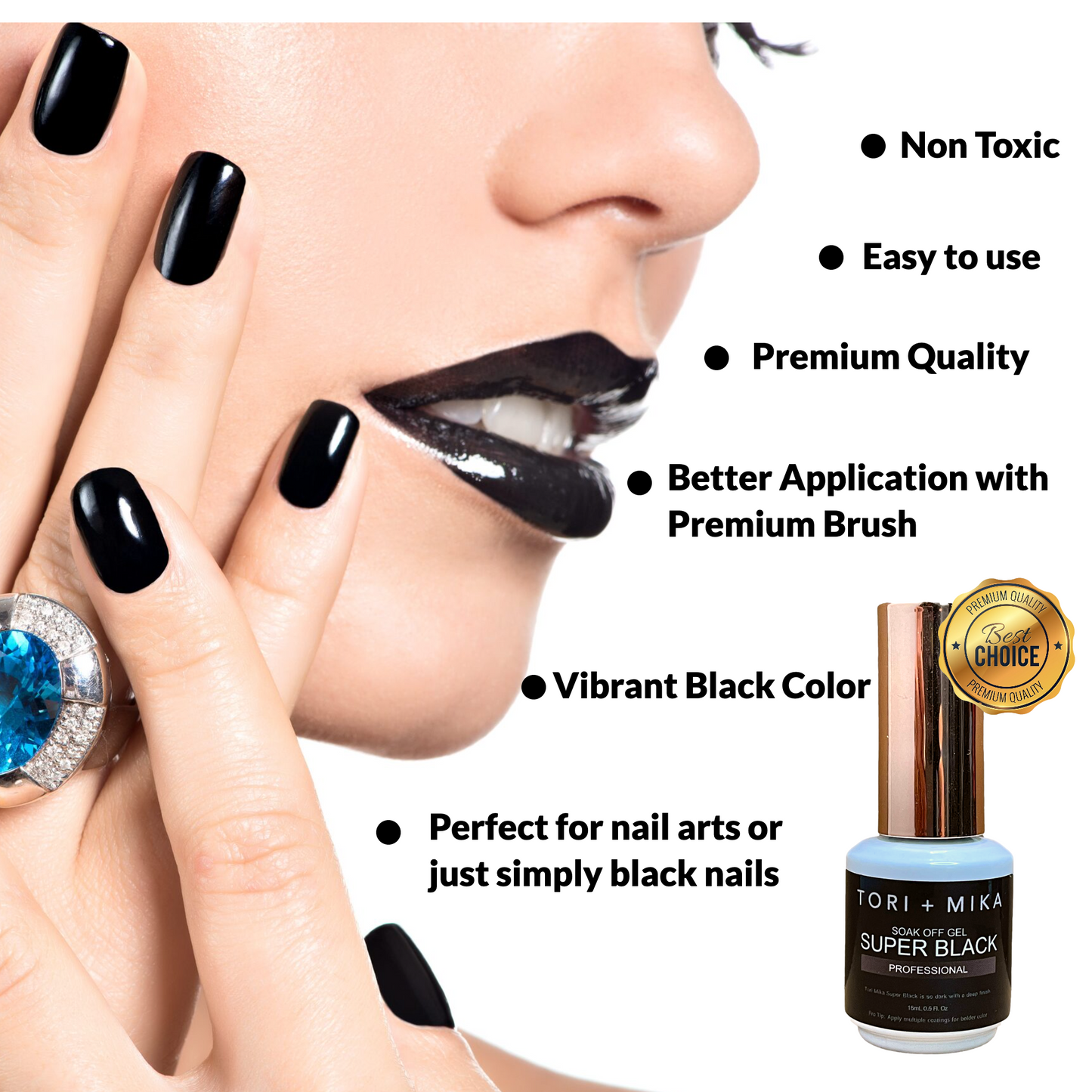 Tori Mika Super Black Nails Coat Licorice Gothic Black Out Oynx 0.5oz Nail Polish LED/UV Lamp Cure Natural and Fake Acrylic Nails Fun Home Salon Professional Nail Art DIY Halloween