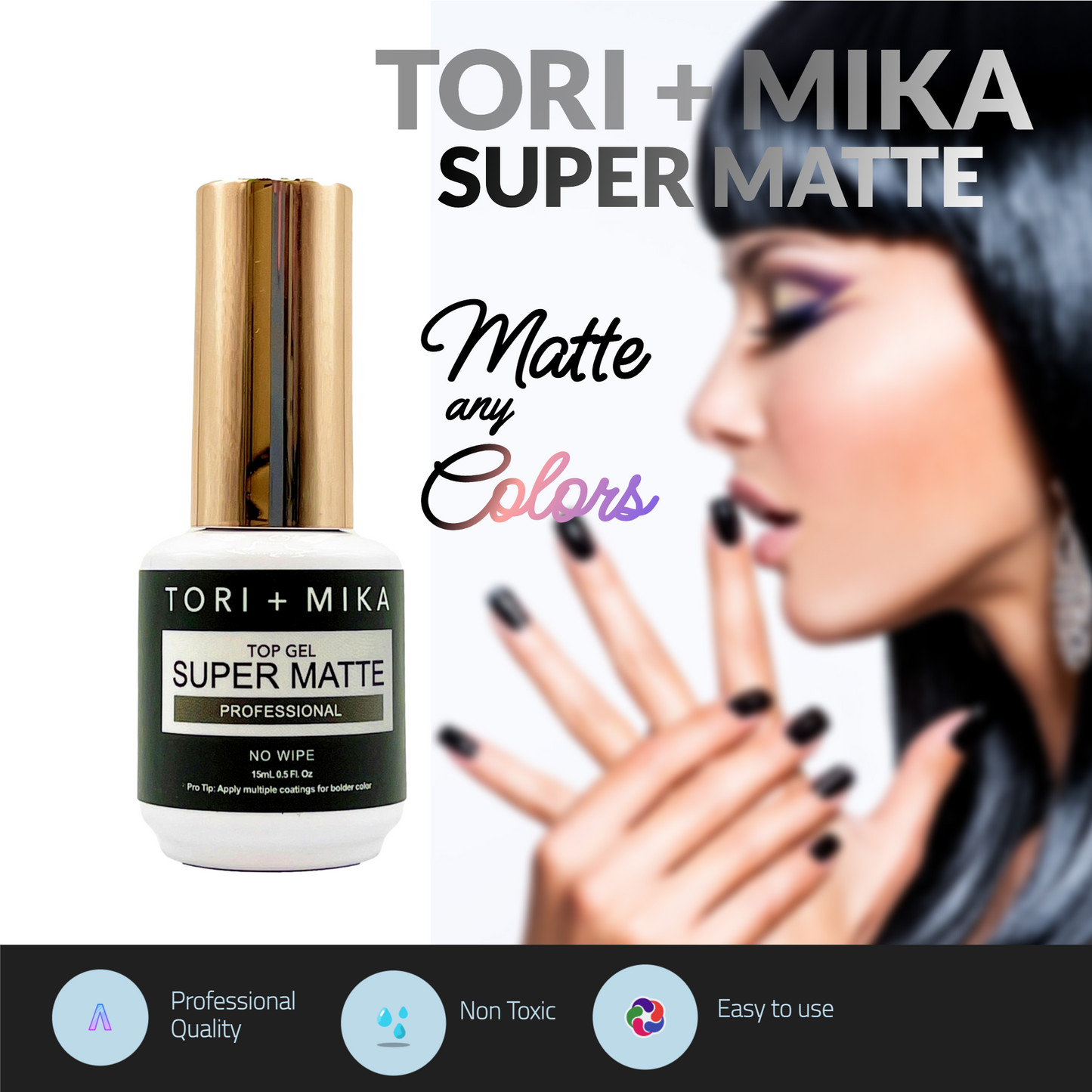 Tori Mika Super Matte Top Coat Gel Polish Soak Off No Wipe 0.5oz Nail Polish LED/UV Lamp Cure Great work on Natural and Fake Acrylic Nails Fun Home Salon Professional Nail Art DIY