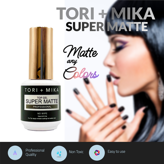 Tori Mika Super Matte Top Coat Gel Polish Soak Off No Wipe 0.5oz Nail Polish LED/UV Lamp Cure Great work on Natural and Fake Acrylic Nails Fun Home Salon Professional Nail Art DIY