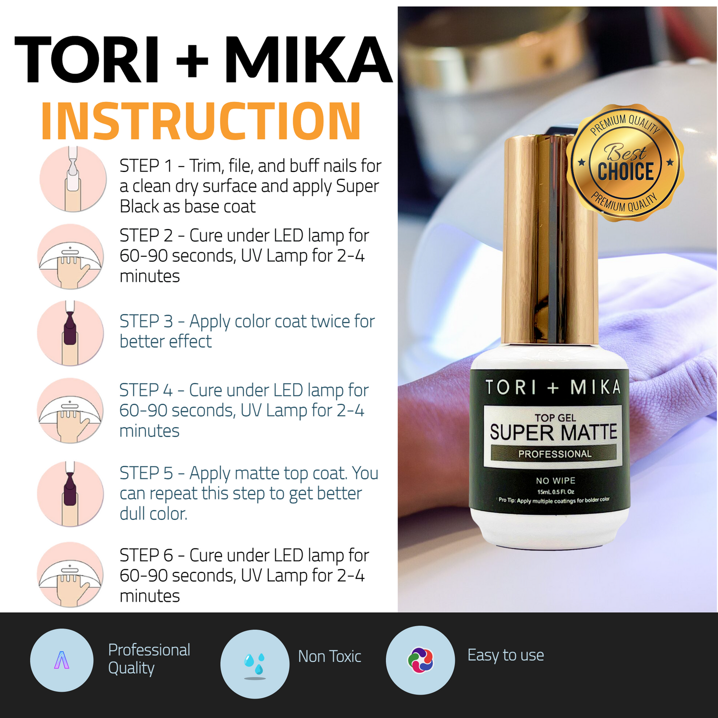 Tori Mika Super Matte Top Coat Gel Polish Soak Off No Wipe 0.5oz Nail Polish LED/UV Lamp Cure Great work on Natural and Fake Acrylic Nails Fun Home Salon Professional Nail Art DIY