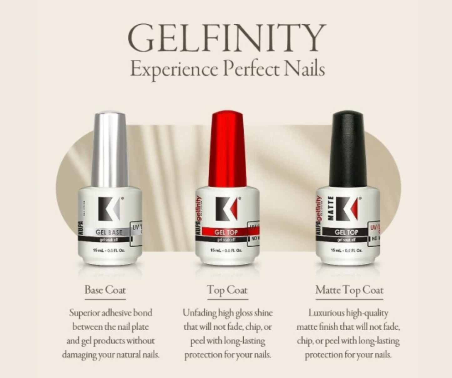 Kupa Gelfinity Gel TOP COAT & BASE COAT & MATTE TRIO Set UV/LED Cure Soak Off .5oz NEW!